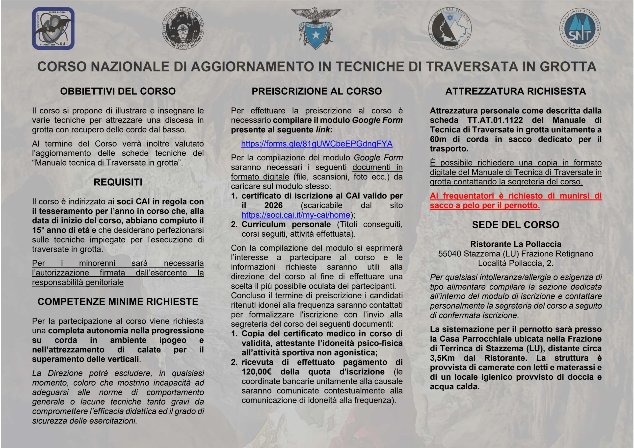 Corso nazionale di aggiornamento in tecniche di traversata in grotta Toscana SNS-CAI GSAV 2026 1 Corso nazionale di aggiornamento in tecniche di traversata in grotta Toscana SNS-CAI GSAV 2026